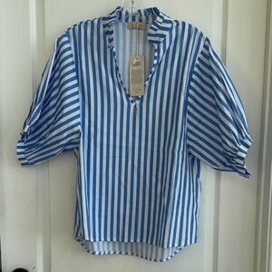 Blue White Striped V-Neck Puff Sleeve Top
